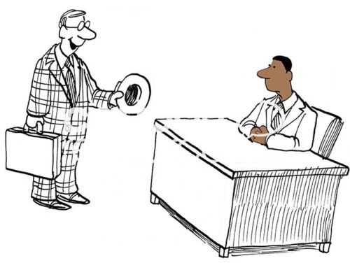 Color illustration of a black professional man having to listen to an old-fashioned white salesman giving his sales pitch.