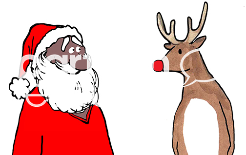 Color illustration of a black Santa Claus smiling and looking at Rudolph.