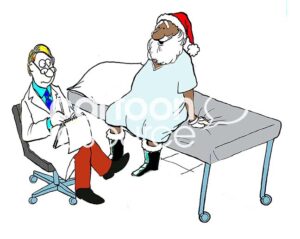 Color illustration of a jolly black Santa Claus at his annual medical exam.