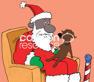 Color illustration of a black Santa Claus sitting at the local mall with a small brown dog on his lap.