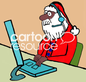 Color illustration of a black Santa Claus working the North Pole customer service desk.