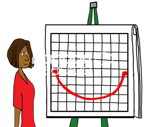 Color illustration of a young, beautiful, professional black woman standing by a sales chart with a large smile on it.