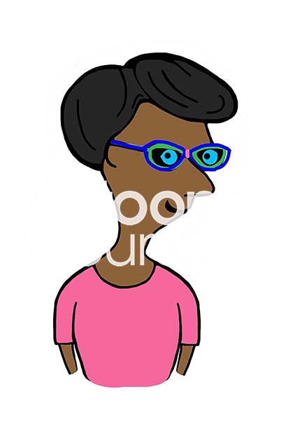 Color illustration of a young, woke, black woman smiling, wearing colorful glasses and looking at the viewer.