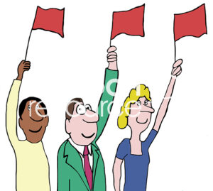 Color illustration of three team members smiling and raising red flags, includes a black male, a white male and a white female.