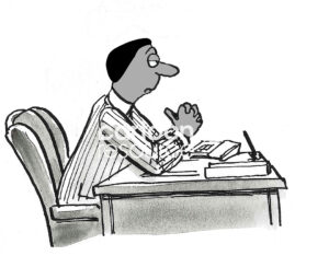 B&W illustration of a black professional male executive sitting at his desk, he is very tired.