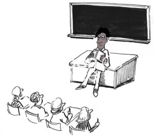 B&W illustration of a black, male teacher who is trying to teach his class, but is very tired and sleepy.
