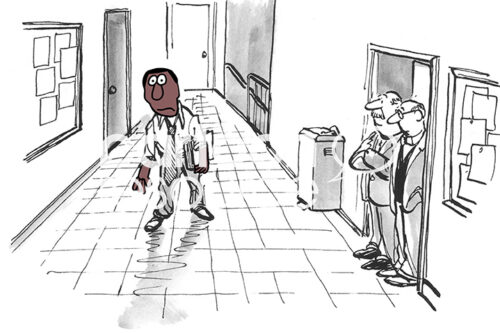 B&W illustration of a black male teacher or professor who is exhausted as he walks down the hallway.