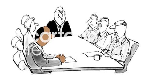 Color illustration of a company meeting, they have only one 'token' African American male in the company.