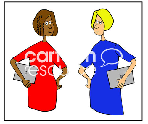Color illustration of two young, beautiful, tech-savvy female professionals holding laptops. One is white and one is black.