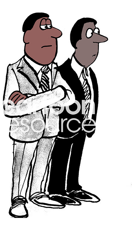 Color illustration of two, black male professional executives standing and looking in the distance.
