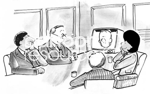B&W illustration of a meeting with 4 professionals, of various races. There is a video live, but the video attendee is upside down.