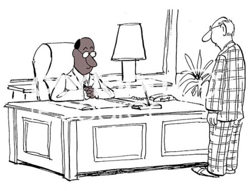 Color illustration of a black male boss looking at his white male manager.