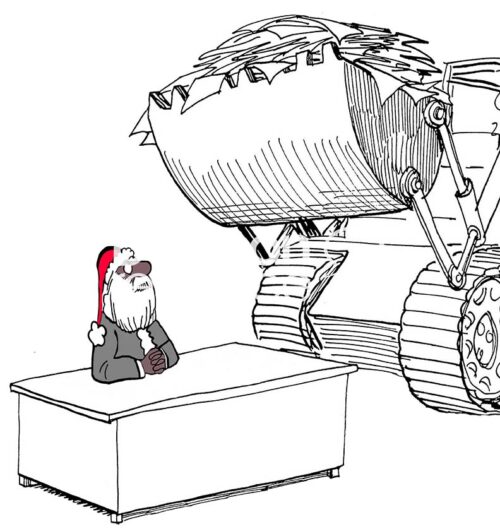 Color illustration of a black Santa Claus waiting as a tractor load of wish lists from children are about to be dropped on his desk.