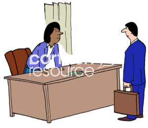 Color illustration of a professional female black executive giving directions to her white male manager.