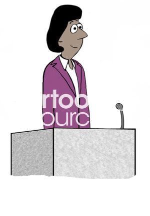 Color illustration of a black professional female standing at a dias, smiling and about to give a speech.