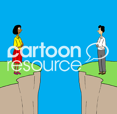Color illustration of two women who want to network, one white and one black, but they are on two separate cliffs.