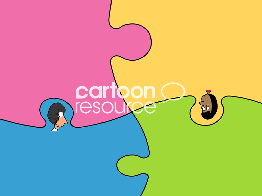 Color illustration of head and shoulders of two professional women, one white and one black, they are puzzled.