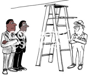 Color illustration of two professional black men and a white worker who will not take direction from them.