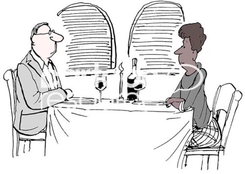 Color illustration of two married professionals, the woman is black and the husband is white, sitting quietly in a restaurant.
