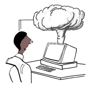 Color illustration of a black professional man who is looking at his computer that is dying, it has a large plume of smoke coming out of the top.