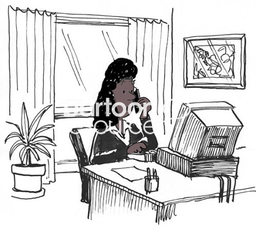 Color illustration of a female black executive at her desk and talking on her cell phone.