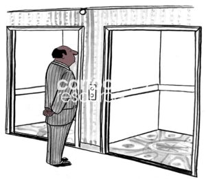Color illustration of a black male professional procrastinating getting back to work, he will not get on either open elevator.