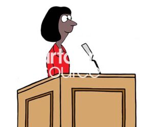 Color illustration of a black female professional executive at a podium giving a speech.