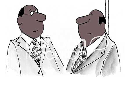 Color illustration of two professional black men wearing business suits and looking at each other while smiling.