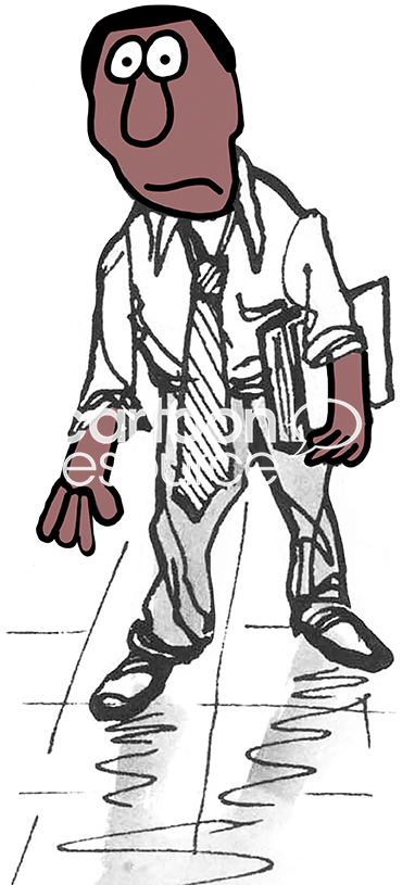 Color illustration of a professional black male walking down a hall, he is exhausted.