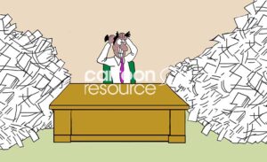 Color illustration of a black male professional sitting at his desk and pulling his hair, he is surrounded by mounds of paperwork.