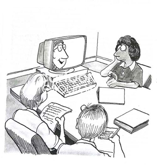 B&W illustration of a white male team leader boss, who is on a video screen, talking with he team, but predominantly directed to a black professional woman.