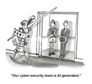 BW cartoon of a knight robot that has been created by AI to protect cybersecurity.