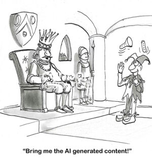 BW cartoon of a court jester trying to entertain the king, but the king prefers AI generated content.