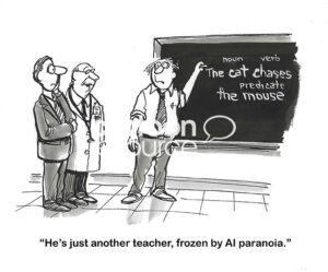 BW cartoon of a male English teacher frozen in time. He is paranoid that AI is taking over his world.
