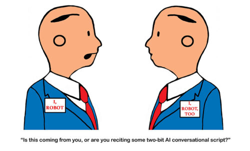 Color cartoon of two robots talking, one accuses the other of using old AI conversation tools.