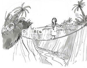 BW cartoon illustration of a female doctor crossing a steep ravine on a tightrope.