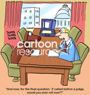 Color cartoon of a male lawyer asking the dog if, brought before a judge, will it 'roll over'.