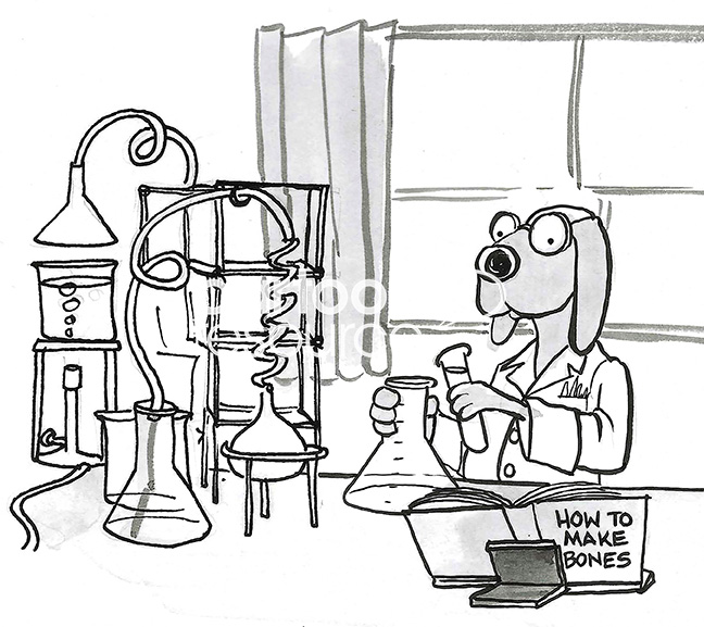 BW cartoon of an excited dog working in a science lab and creating bones for it to chew.