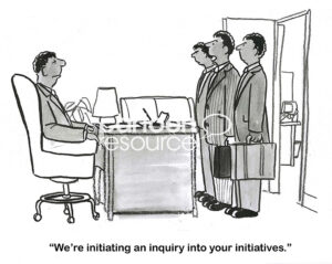 BW cartoon of a three black government worker males initiating an inquiry into the company's initiatives - government red tape.