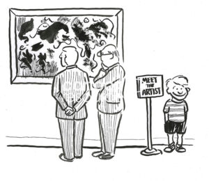 BW cartoon of two art scholars studying a museum painting that was done by a six year old boy.