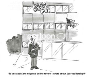 BW cartoon of an upset businessman. He is upset because his subordinate wrote a negative review about his leadership.