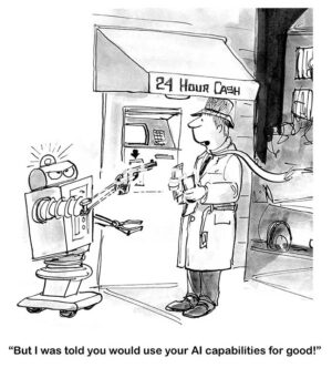 BW cartoon of an AI robot using its capabilities for bad, to rob people, not for good.