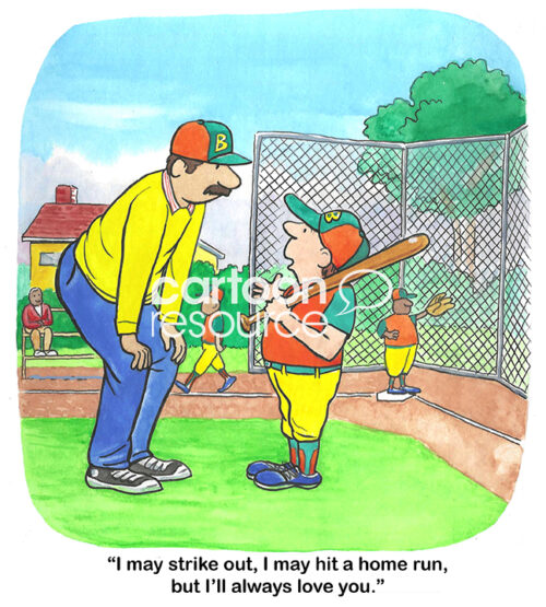 Color cartoon of a little league boy telling his coach father he will love him, as he goes to bat, no matter what.