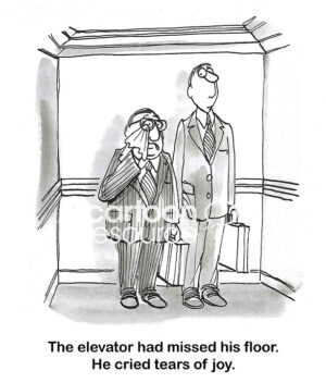 BW cartoon of a crying male professional - he has tears of joy because the elevator missed his work floor.