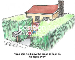 Color cartoon of Rip Van Winkle's yard. The grass is tall and overgrown due to his nap.