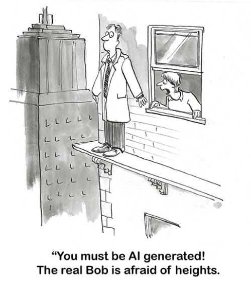 BW cartoon of a professional man about to jump off a building. His coworker says he must be AI generated, the 'real Bob is afraid of heights'.