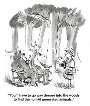 BW cartoon of a photographer delighted to see wild animals to photograph, but they explain they are AI generated. The real animals are in the deep woods.