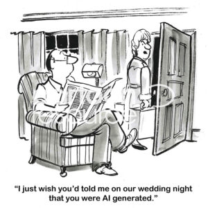 BW cartoon of a wife leaving her husband because he did not tell her on their wedding night he is AI generated.