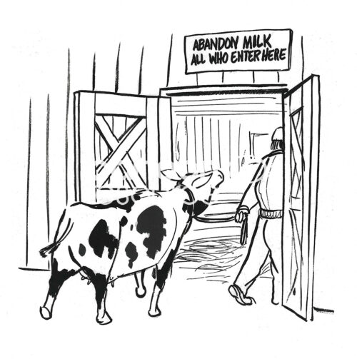 W cartoon of a farmer leading the dairy cow to the milking barn. The sign states the cow is about to lose its milk.