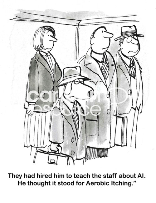 BW cartoon of a business dog in an elevator on his way to train employees on AI. He thinks it means Aerobic Itching.